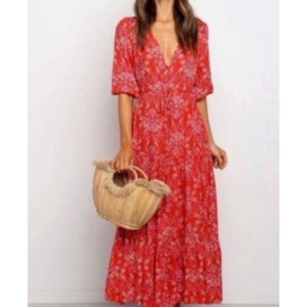 Abel The Label Maxi Dress Floral Print Red High Low Short Sleeve Size XS